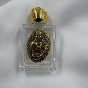 Sacred Heart of Jesus Glass Holy Water Bottle with Gold Rose Cap