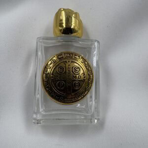 Saint Benedict Medal Cross Glass Holy Water Bottle with Gold Rose Cap
