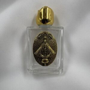 Our Lady of San Juan Glass Holy Water Bottle with Gold Rose Cap