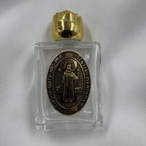 Saint Benedict Jubilee Medal Glass Holy Water Bottle with Gold Rose Cap