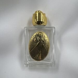 Divine Mercy Glass Holy Water Bottle with Gold Rose Cap