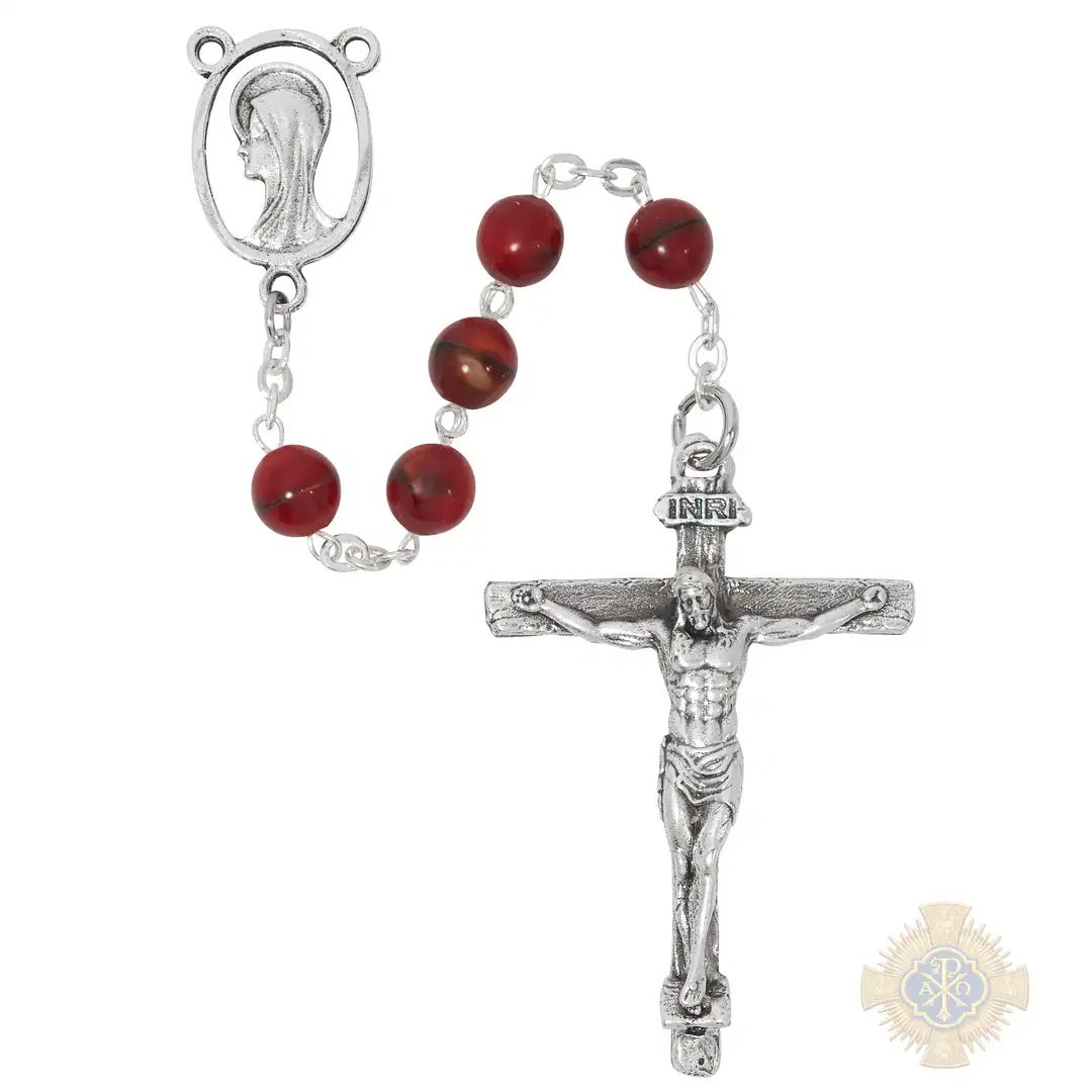 7mm Red Marbeline Rosary In Clear Plastic Box 7mm Red Marbeline Rosary In Clear Plastic Box