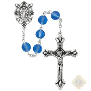 8mm Sapphire Glass Rosary In Clear Plastic Box