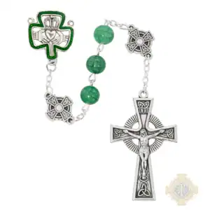 8mm Green Glass Irish Rosary In Clear Top Box