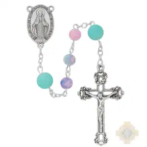 Pink & Blue Glass Rosary In Clear Top Box