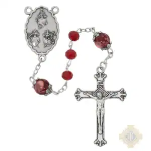 6mm Ruby 3 Heart Rosary With Capped O.F. Beads In Clear Top Box