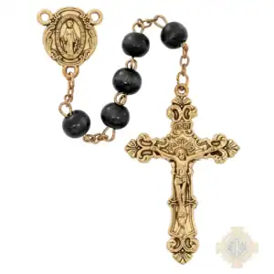 Black Wood Antique Gold Rosary In Clear Top Box
