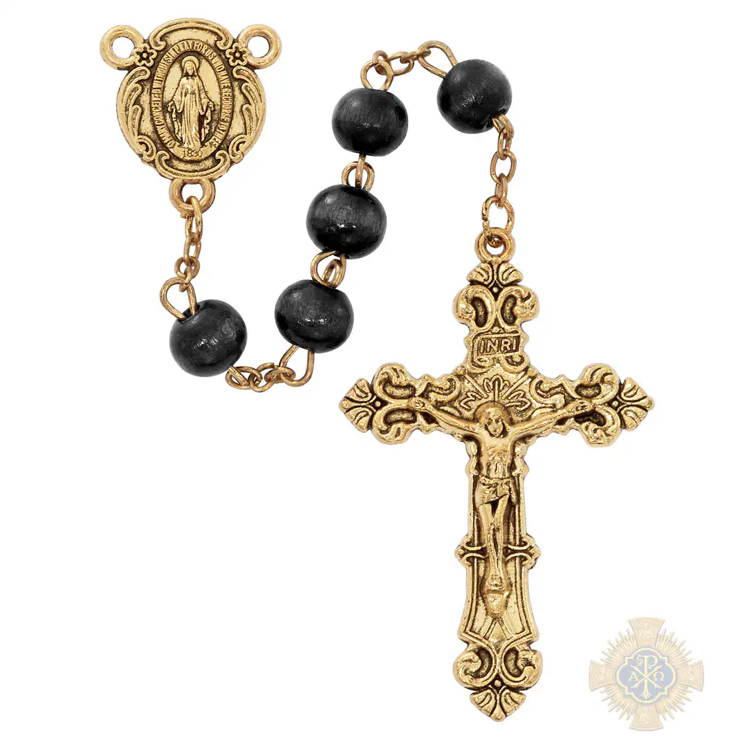 Black Wood Antique Gold Rosary In Clear Top Box Black Wood Antique Gold Rosary In Clear Top Box