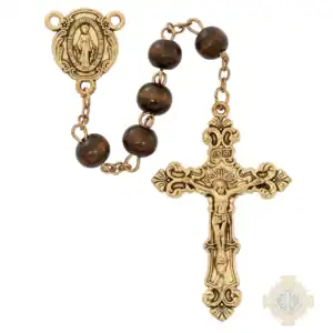 Brown Wood Antiq Gold Rosary In Clear Top Box