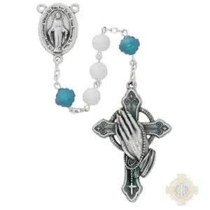 7mm Pearl Praying Hands Rosary In Clear Top Box