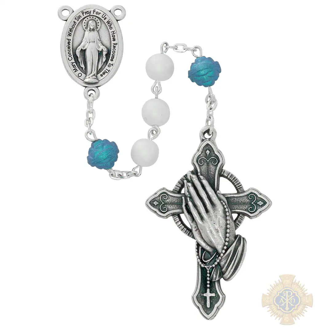7mm Pearl Praying Hands Rosary In Clear Top Box 7mm Pearl Praying Hands Rosary In Clear Top Box