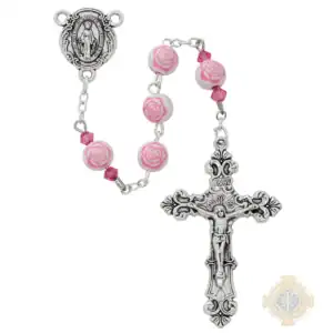 8mm Rose & Pink Crystal Bead Rosary In Clear Top Box