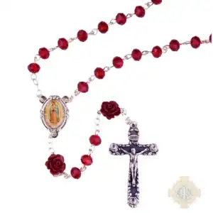 Red Guadalupe Rosary With Rose O.F. Beads, Boxed.