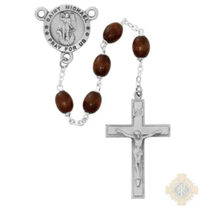 ST MICHAEL BROWN ROSARY with pewter Crucifix