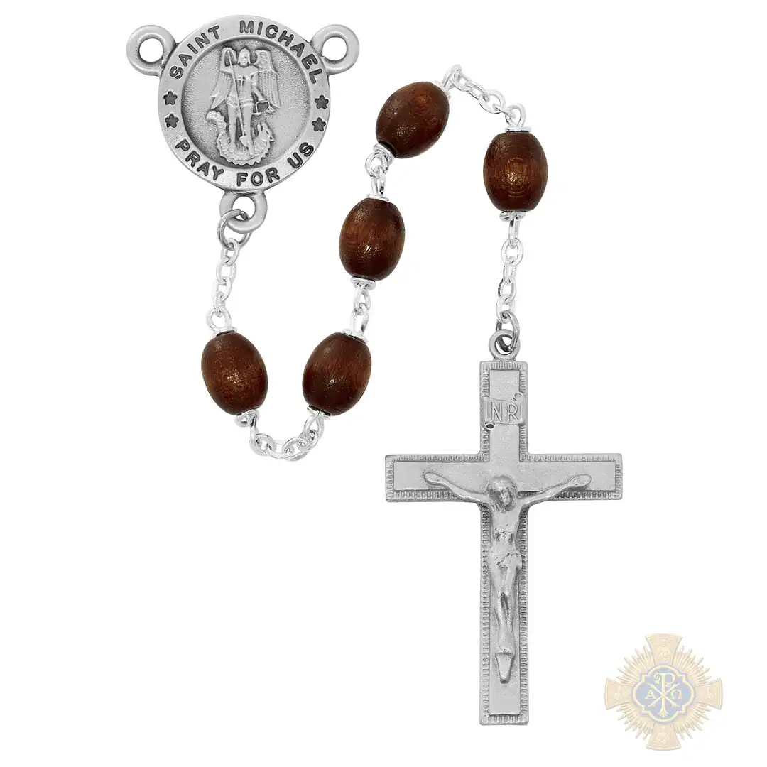 ST MICHAEL BROWN ROSARY with pewter Crucifix ST MICHAEL BROWN ROSARY with pewter Crucifix