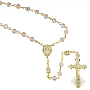 Gold-Plated Pink AB Tin-Cut Crystal Rosary – 6mm