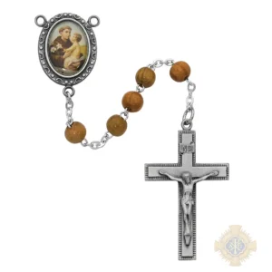 Olive Wood St Anthony Rosary with Pewter Crucifix