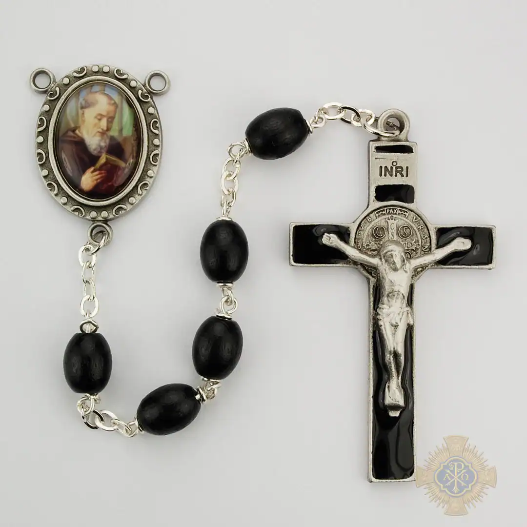 Black Wood St Benedict Rosary with Pewter Crucifix Black Wood St Benedict Rosary with Pewter Crucifix