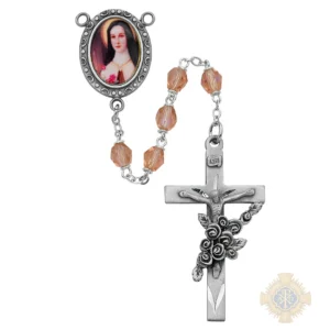 Pink Glass St Therese Rosary with Pewter Crucifix