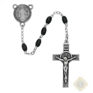 Black Glass St Benedict Rosary with Pewter Crucifix