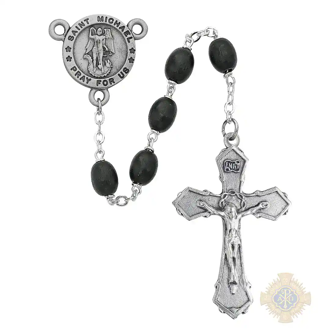 Black Wood St Michael Rosary with Pewter Crucifix Black Wood St Michael Rosary with Pewter Crucifix