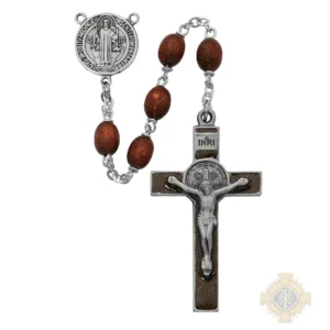 Brown Wood St Benedict Rosary with Pewter Crucifix