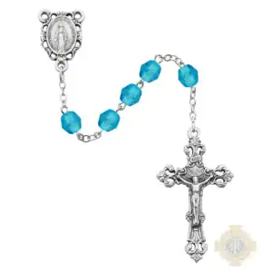 Aqua Glass March Rosary with Zinc Alloy Crucifix
