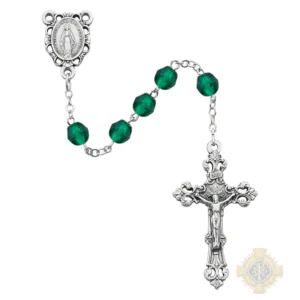 Dark Green Glass May Rosary with Zinc Alloy Crucifix