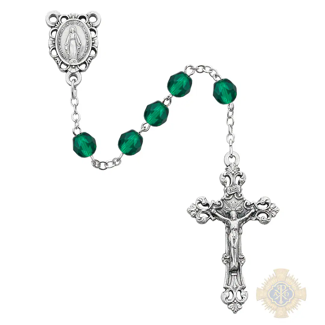 Dark Green Glass May Rosary with Zinc Alloy Crucifix Dark Green Glass May Rosary with Zinc Alloy Crucifix