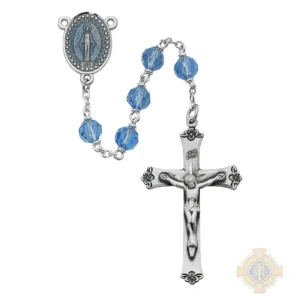 Blue Tin Cut Crystal Rosary with Pewter Crucifix