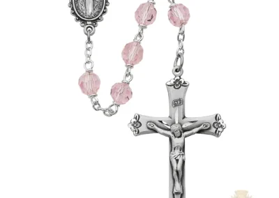 Pink Tin Cut Crystal Rosary with Pewter Crucifix