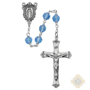 Blue Tin Cut Crystal Rosary with Pewter Crucifix