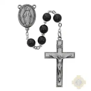 Black Round Wood Rosary with Pewter Crucifix