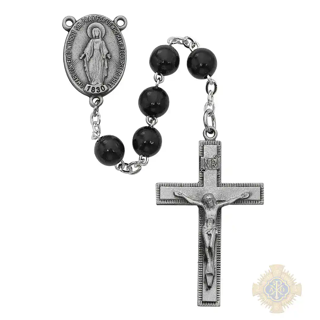 Black Round Wood Rosary with Pewter Crucifix Black Round Wood Rosary with Pewter Crucifix