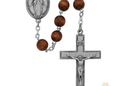 Brown Round Wood Rosary with Pewter Crucifix