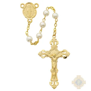 Pearl like Glass Rosary with Pewter Crucifix