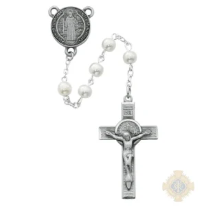 Pearl like Glass St Benedict Rosary with Pewter Crucifix