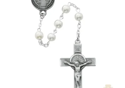 Pearl like Glass St Benedict Rosary with Pewter Crucifix