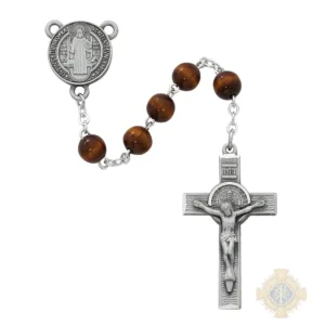 Brown Wood St Benedict Rosary with Pewter Crucifix
