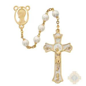 Pearl like Holy Mass Crucifix Rosary with Pewter Crucifix