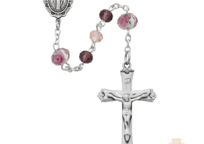 Pink Multi Tin Cut Crystal Rosary With Pewter Crucifix