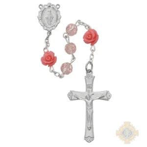 Pink And Roses Glass Rosary With Pewter Crucifix