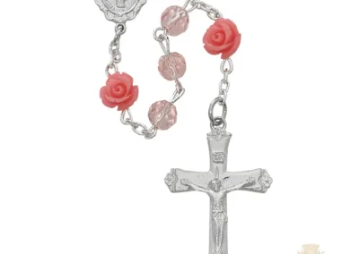 Pink And Roses Glass Rosary With Pewter Crucifix