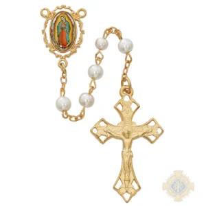 Pearl Like Glass Guadalupe Rosary With Pewter Crucifix