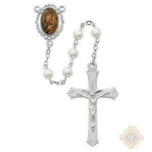 Pearl Like Glass Perpetual Help Rosary With Pewter Crucifix