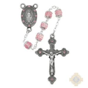 Pink Capped Glass Rosary With Pewter Crucifix