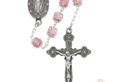 Pink Capped Glass Rosary With Pewter Crucifix