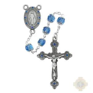 Blue Capped Glass Rosary With Pewter Crucifix