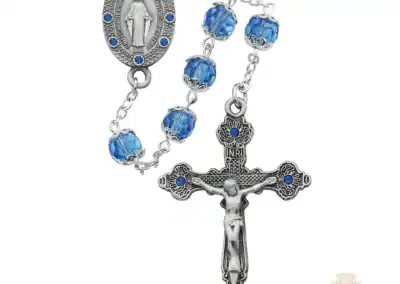 Blue Capped Glass Rosary With Pewter Crucifix