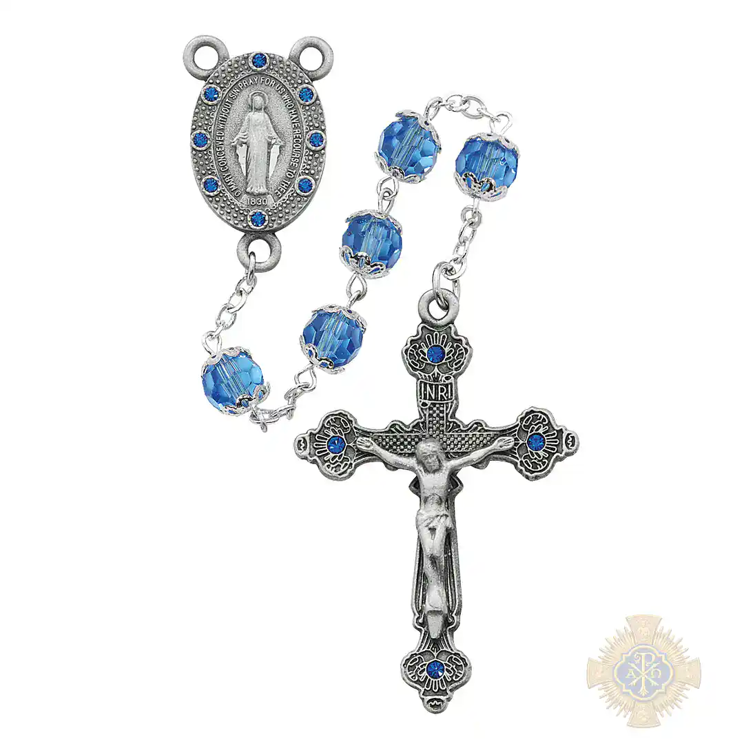 Blue Capped Glass Rosary With Pewter Crucifix Blue Capped Glass Rosary With Pewter Crucifix
